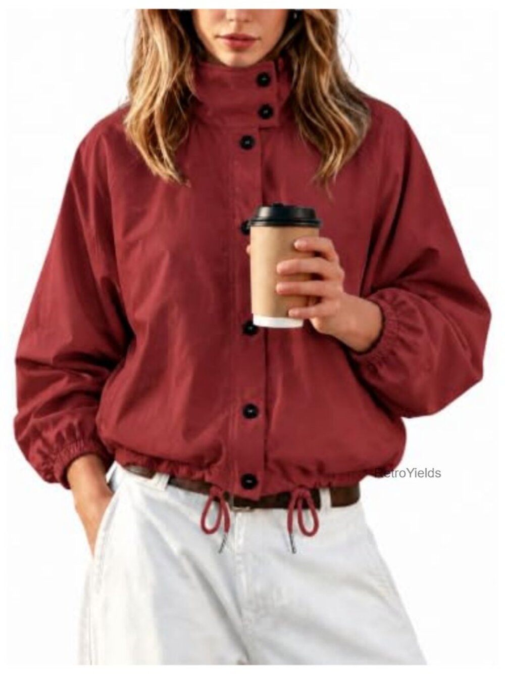 Women's Cropped Stand Collar Bomber Jacket Button Down Windproof Polyester